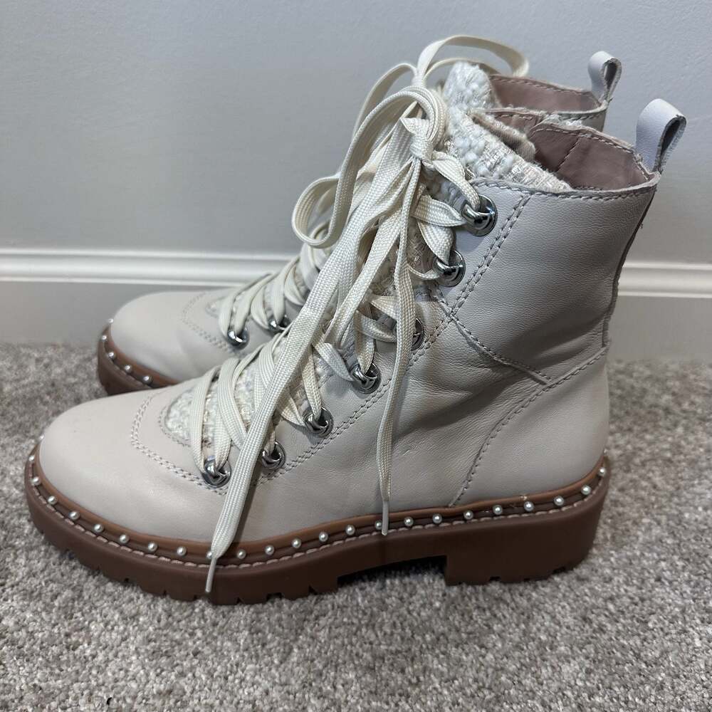 Steve Madden Rainier Leather Bone White Combat Boots with Pearl Stud Trim, Sz 8 - Picture 4 of 8